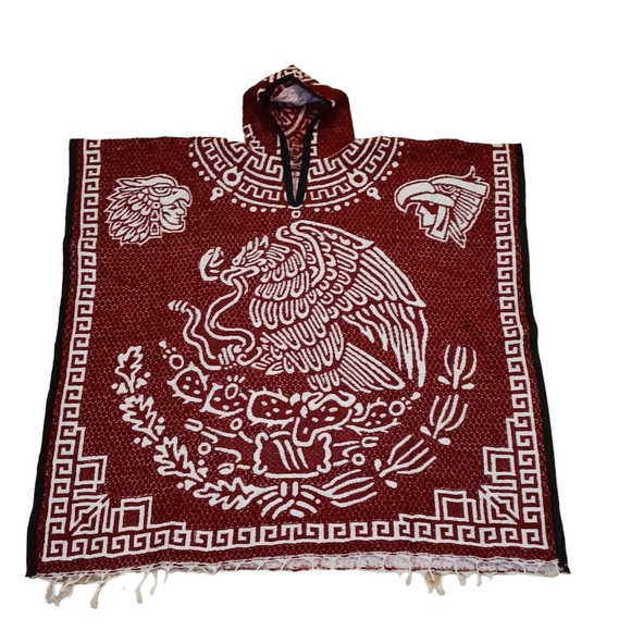 Other - Authentic Mexican Poncho with National Emblem and Aztec Calendar Design | Red